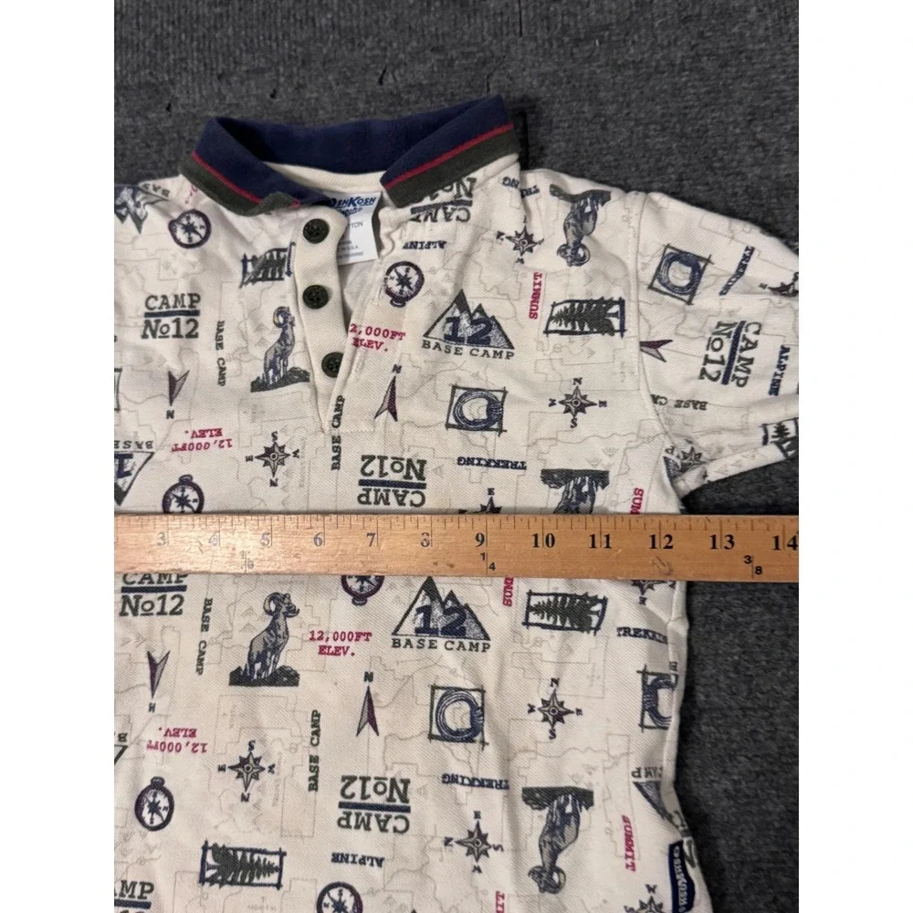 Vintage OshKosh Bgosh Boys 5 Camping Mountain Print‎ Polo Shirt Made in USA a3